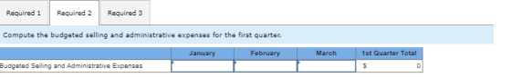 Required 1 Required 2 Required 3 Compute the budgeted selling and administrative expenses for the first quarter. January Febr