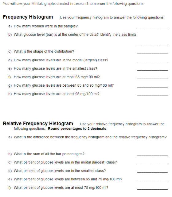 You will use your Minitab graphs created in Lesson 1 to answer the following questions Frequency Histogram Use your frequency histogram to answer the following questions. a) How many women were in the sample? b) What glucose level (bar) is at the center of the data? Identify the class limits. o) what is the shape of the distribution? d) How many glucose levels are in the modal (largest) class? e) How many glucose levels are in the smallest class? How many glucose levels are at most 65 mg/100 ml? g) How many glucose levels are between 85 and 95 mg/100 ml? h) How many glucose levels are at least 95 mg/100 ml? Relative Frequency Histogram Use your relative frequency histogram to answer the following questions. Round percentages to 2 decimals a) what is the diference between the frequency histogram and the re b) What is the sum of all the bar percentages? c) What percent of glucose levels are in the modal (largest) class? d) What percent of glucose levels are in the smallest class? e) What percent of glucose levels are between 65 and 75 mg/100 ml? What percent of glucose levels are at most 75 mg/100 mi?