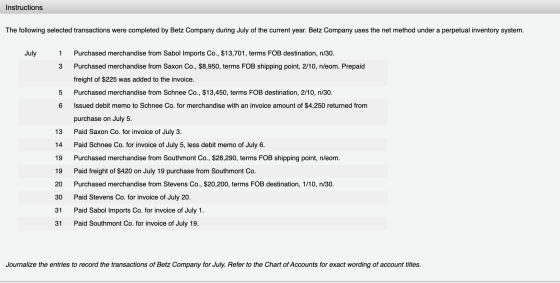 Instructions The following selected transactions were completed by Betz Company during July of the current year. Betz Company