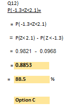 Q12) P1-1.3Z<2.13 = P(-1.3<3<2.1) = P(Z<2.1) - P(Z<-1.3) = 0.9821 - 0.0968 = 0.8853 = 88.5 96 Option C