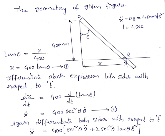 The geometry of givers figure a = 45mm/s t=4Sec 4comm x х tano = 400 H= 400 tano -> Differentiate above expression both sides