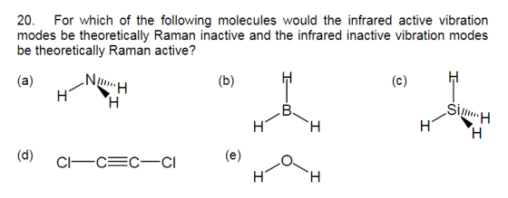 20. For which of the following molecules would the infrared active vibration modes be theoretically Raman inactive and the in