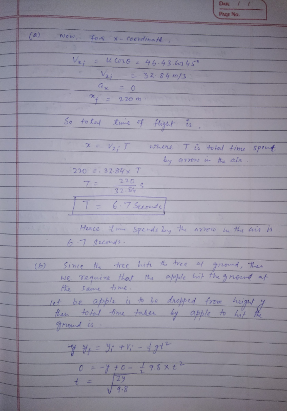 / DATE 1 PAGE No. (a) now for x-coordinate, Vai = u oso z 46.43.63 450 Vai = 32.84 m/s. ax = 0 X = 220 m. So total time of fl