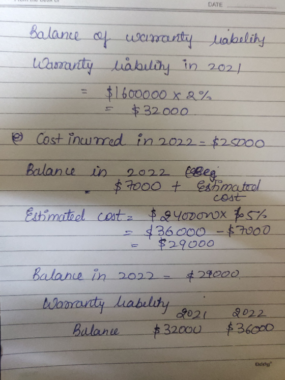LES DATE Balance of warranty labelity Wamanty låbilihy in 2021 = $1600000 X 2% = $32000 Cost incurred in 2022 - $25000 1 Bala