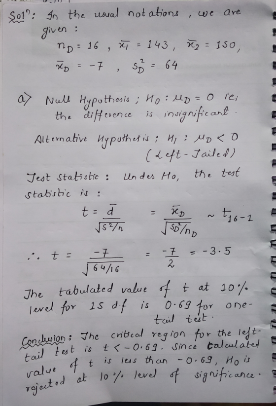 Sol?: In the usual notations, we are given : no = 16, n = 143, n = 150, to = -7 s = 64 a> Null Hypothesis ; Ho: Mp=0 rei the
