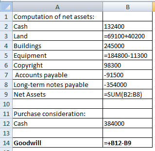 A 1 Computation of net assets: 2 Cash 3 Land 4 Buildings 5 Equipment 6 Copyright 7 Accounts payable 8 Long-term notes payable