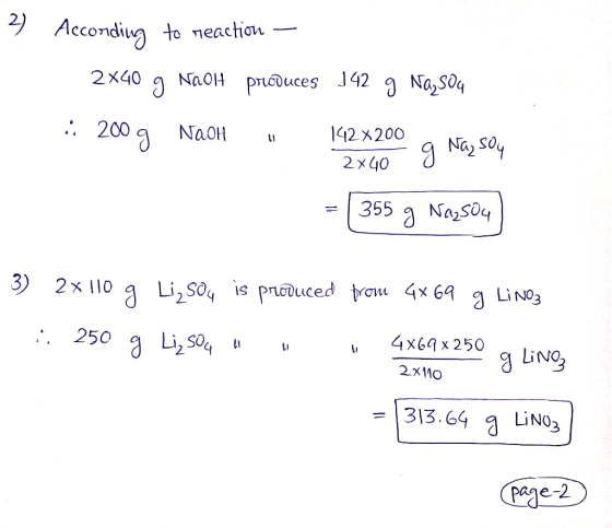 4 According to reaction — 2x40 g Naolt produces 142 g Najsou 2009 Naom 142X200 g Na, soy 2x40 g Naz Soy = [ 355 g Nasou) 3) 2