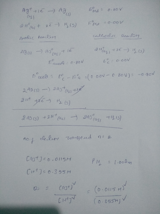 Agt tié - AID Ered = 0.sor Fred -0.oov 2 ht caut re - H2(g) Anodic reaction cathodic Reaction Agis - Ast cas, tie 2 Heag, +20