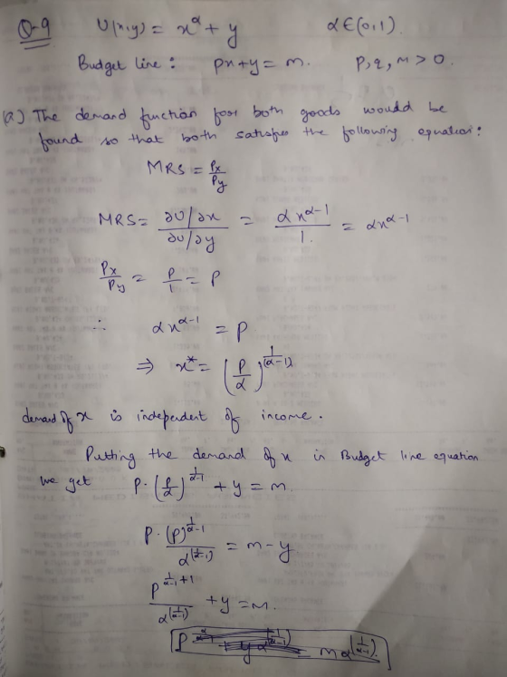 Og Ulny) = x + y Budget line : pray=m. L€(oil). Pq,m> o. (a) The found demand function for both so that both satisfies goods