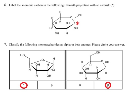 6. Label the anomeric carbon in the following Haworth projection with an asterisk ). он но он 7. Classify the following monos