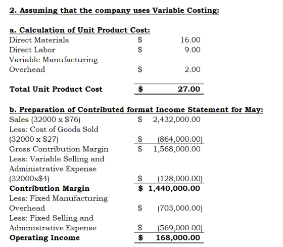 2. Assuming that the company uses Variable Costing: A a. Calculation of Unit Product Cost: Direct Materials Direct Labor Vari