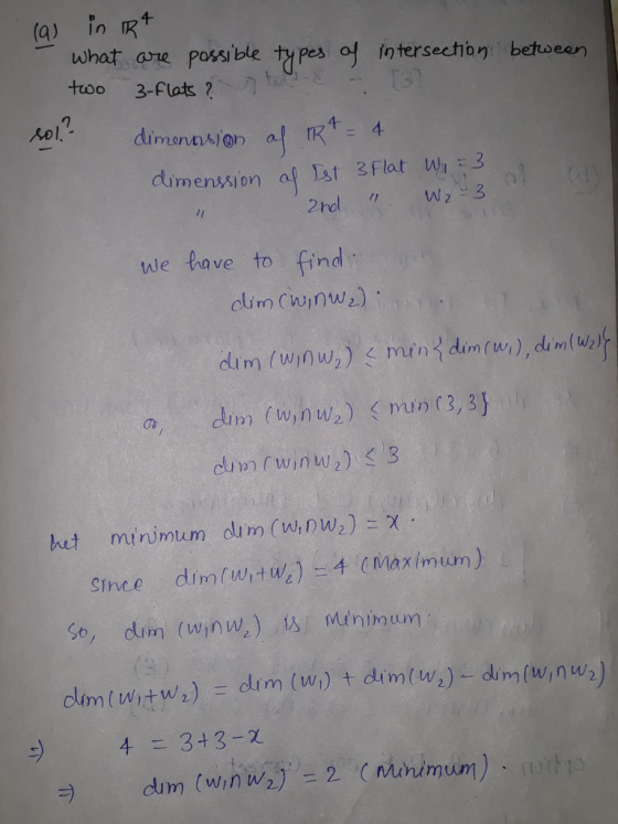 (9) what are possible ty pes of Intersectbn betoeen too T3l 3-Flats 9-8 dimenesion af R4 dimenssion af lst 3Flat W3 W2 3 2hol