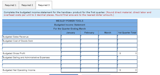 Required 1 Required 2 Required 3 Complete the budgeted income statement for the handisaw product for the first quarter. (Roun