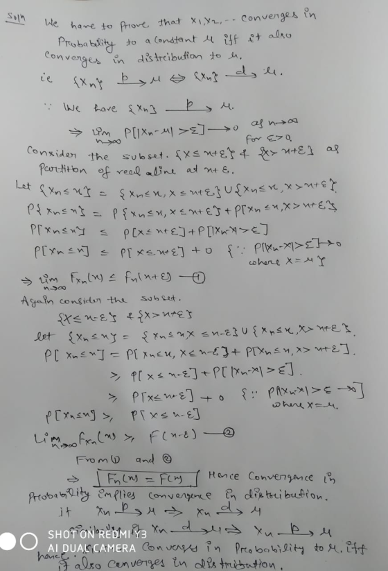 Solh we have to pre nyo We have to prove that x1,x2, - - converges in . Probability to a constant u iff it also converges in