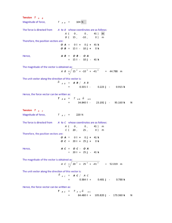 Tension TAB Magnitude of force, TAB = 104 N The force is directed from A to B whose coordinates are as follows: Al 0, 0, 41 )