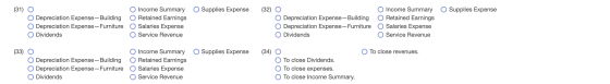(31) O Supplies Expense (32) O Supplies Expense Depreciation Expense - Building Depreciation Expense-Furniture Dividends O In