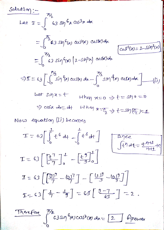 Solection - T/ Let I = 63 sn ba cosa obe 63 sm () COSPX) Casacos cos²x)= 1-sinex / = $ 63 siqa) (2.-5223) Bobolda 72 7/2 I=63