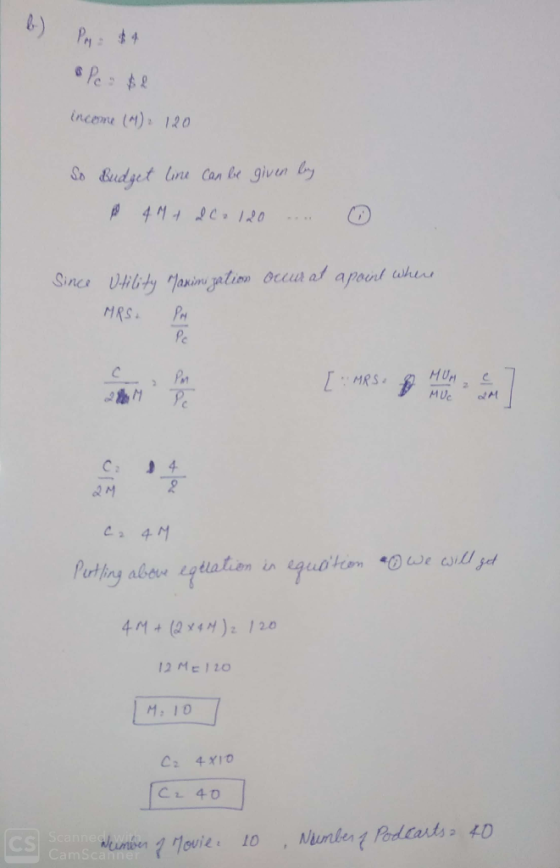 ape income (M): 120 So Budget line can be given by Since Utility Maximi jation our at a point where MRS. Pc [: MRS. HUN 2M Pe