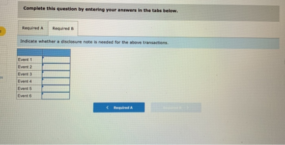 Complete this question by entering your answers in the tabs below. Required A Required B Indicate whether a disclosure note i