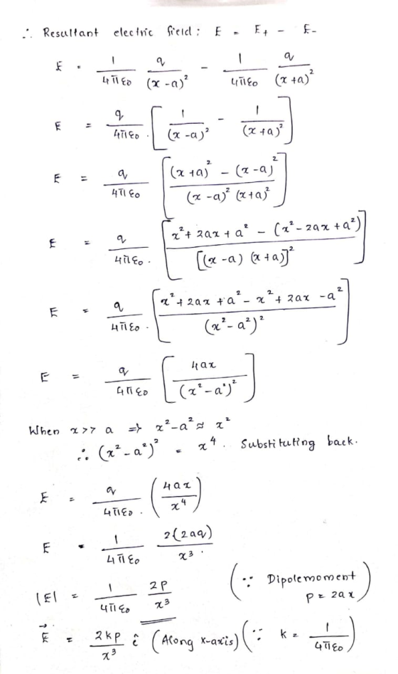 . Resultant electric field: E- E+ - q 4TED (x -a)? ullo (x +a)? - q E ATTED (x -a)² (x + a)? E (a taj - (2-a) (x -a)? ( + a)?