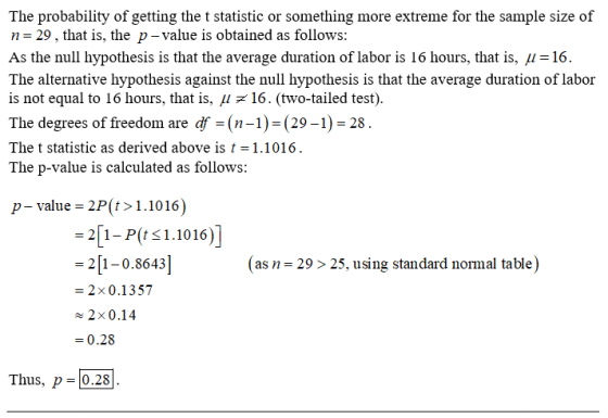 The probability of getting the t statistic or something more extreme for the sample size of n=29, that is, the p-value is obt