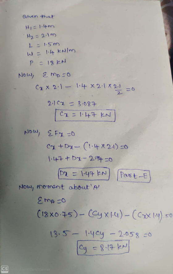 Given that Hillim H₂ = 2.1m L = 1.5m W = 1.4 kN/m P = 18KN Now, & moco Ca x 2.1 - 1.4x2.1x2.1 zo 2.102 = 3.087 ca=1.47 KN Now