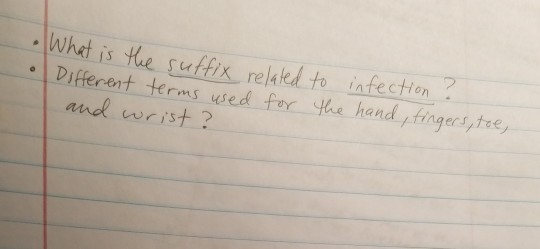 hat is the suffix related to infection ? Different terms used for the hand, fingers, toe, and wrist ?