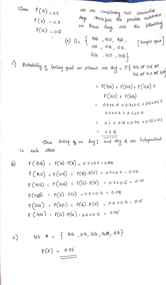 Given PCB 0 2 P(O) = 0.3 PCG) :05 We are considering two consecutive days Cherefore she possible ou on these days are the fol
