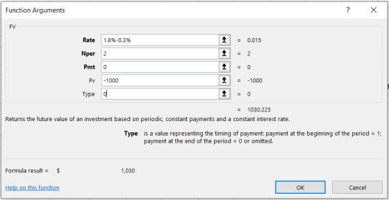 Function Arguments ? X FV Rate 1.8%-0.3% 0.015 Nper 2. 2. Pmt 0 Pv -1000 -1000 Туре o 1030.225 Returns the future value of an