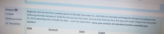 Question 25 Complete Magnolia Tree Service has a weekly payroll of $50,000. December 31, 2019 falls on Thursday and Magnolia
