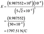 (8.987552x10)(10)
(512x102)
_(8.987552)
(50x104)
=1797.51 N/C
