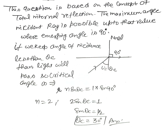 This question is based on the Ceneept of Total internal reflection. The maxinuem angle nicident Ray in popolble upto that rel