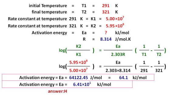 initial Temperature = T1 = 291 K final temperature = T2 = 321 K Rate constant at temperature 291 K = K1 = 5.00x10? Rate const