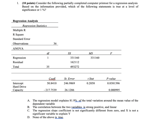 1. (10 points) Consider the following partially completed computer printout for a regression analysis Based on the informatio