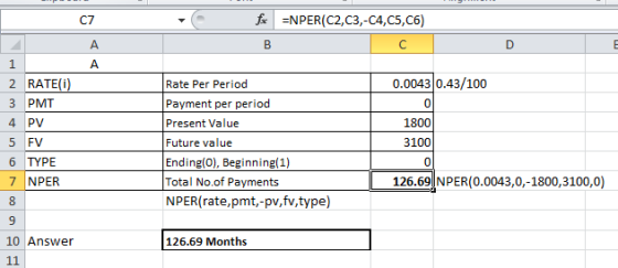 =NPER(C2,C3,-C4,C5, C6) fic B D 0.0043 0.43/100 1 2 RATE() 3 PMT 4 PV 5 FV 6 TYPE 7 NPER 8 9 10 Answer 11 Rate Per Period Pay