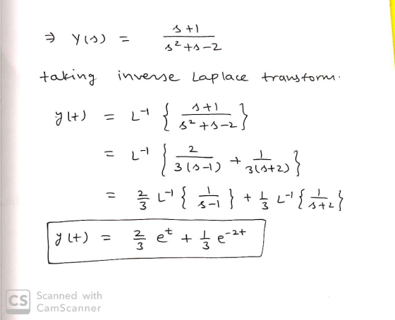 크 () 2 + 4-2 taking inverse Laplace transform. 개 = 네 커 2 +스 ) 2. } ) 1242)} 를녜 급 }같네 네 3(S) 2 2+ y lt) 2 르 et + 3 CS Scanned