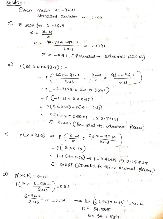 solution : - Given mean us 92.12 Standard deviativo 02:43 a) z score for 198919 2 4. 89.9 -92612 -0.91 2:43 2=-0,91 (Rounded