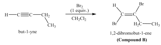 | H
=C
=C–CH,
Br2
(1 equiv.)
CH2Cl2
CH3
but-1-yne
Br HC—CH
1,2-dibromobut-1-ene
(Compound B)