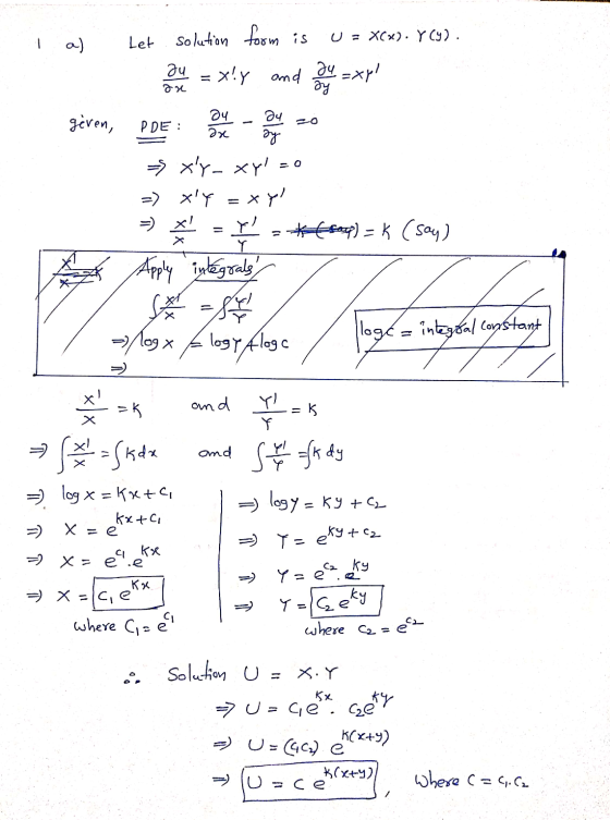 Let a) U = XCx). Y Cy). solution form is Ju :XY and Ju=xpl 명 gre 24 20 geven, Оч ax PDE : =O = by - xy_xy xy = xy! = x! Y