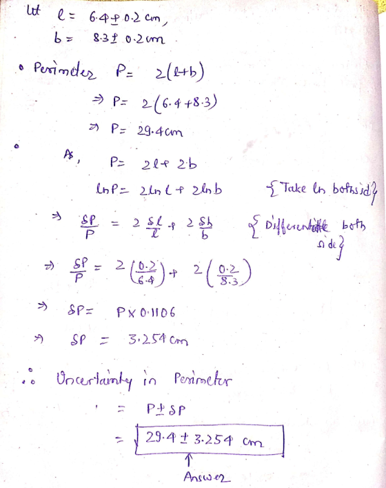 lit e = 6.48.0.2 cm, bi 8.31 0.2cm o Perimeter P = zle+b). > Po 2(6.4 +8.3) a PE 29.4 cm A P= 21+ 2b. :: lop= 216 2+ zhbb sis