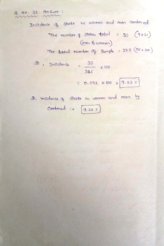 R No. 33. An Swer Tnctdlence shoke oomen and men Cambined The Numberg Shote total 30 9+2 The hatak Number Ơ& Sample -325(/25 +200 So Incdena3C 395 0.092 x100 ;19.23% and men by 2 23 7
