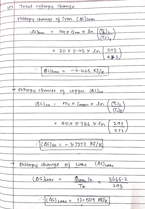 (c) Total entropy change Ehhopy change of iron (as) iron (OSiron = Mix Ciron x ln (bet Clint 2308 0.458 en 293 1 1 433) (@shi