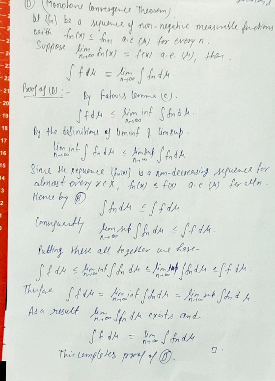 | N N & P = = $ novo. V % * O Monotone convergence Theorem) het In) be a sequence of non-negative measurable functions with f