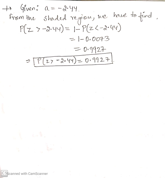 + Given: a = -2:44. from the shaded region, we have to find P(Z >-2.44)= |- Plz<-2044) E|-0.0073 = 0.9927 > IP(27-2044)=0.992