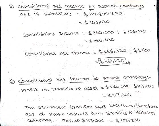/ b) consolidated net income to parent company 90% of subsidiary = $117,800 X901 : $ 10 GOZO consolidated Income = $360,000 +