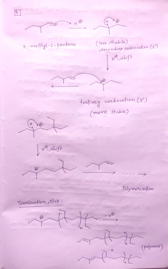 @ 3-methyl-1-pentene (less stable) Secondary carbocation (2) Ho shift tertiary carbocation (3) (more stable) Ho shift Polymer