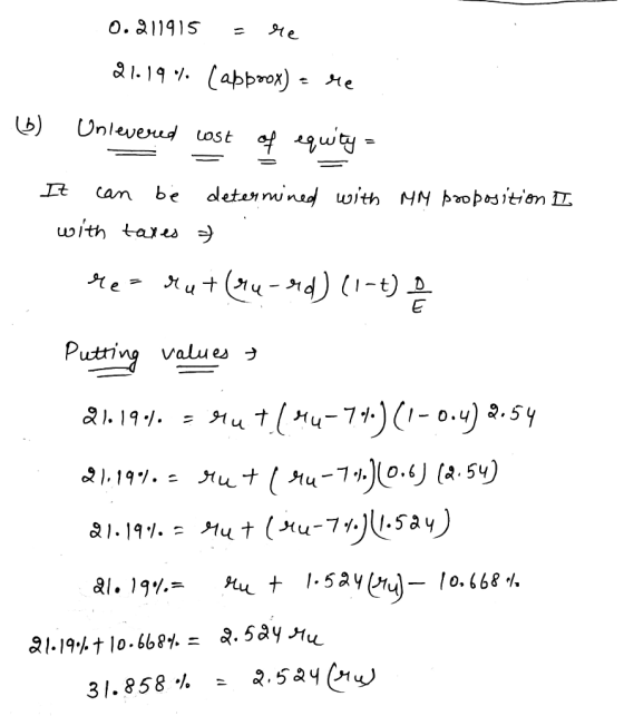 0.211915 - Me 21.19% (apboox) = re. 6) Unlevered cost of equity = It can be determined with MM proposition II with taxes . re