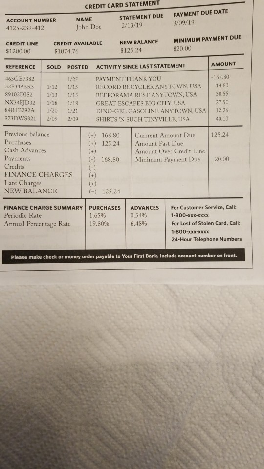 CREDIT CARD STATEMENT STATEMENT DUE PAYMENT DUE DATE ACCOUNT NUMBER 4125-239-412 NAME John Doe 2/13/19 3/09/19 CREDIT LINE $1