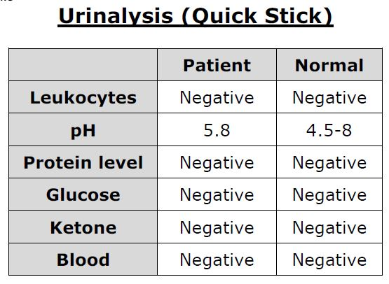 Urinalysis (Quick Stick) Normal Patient Negative Negative Leukocytes pH Protein level 5.8 4.5-8 Negative Negative Glucose Neg