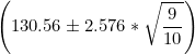 \small \left (130.56 \pm 2.576*\sqrt{\frac{9}{10}} \right )